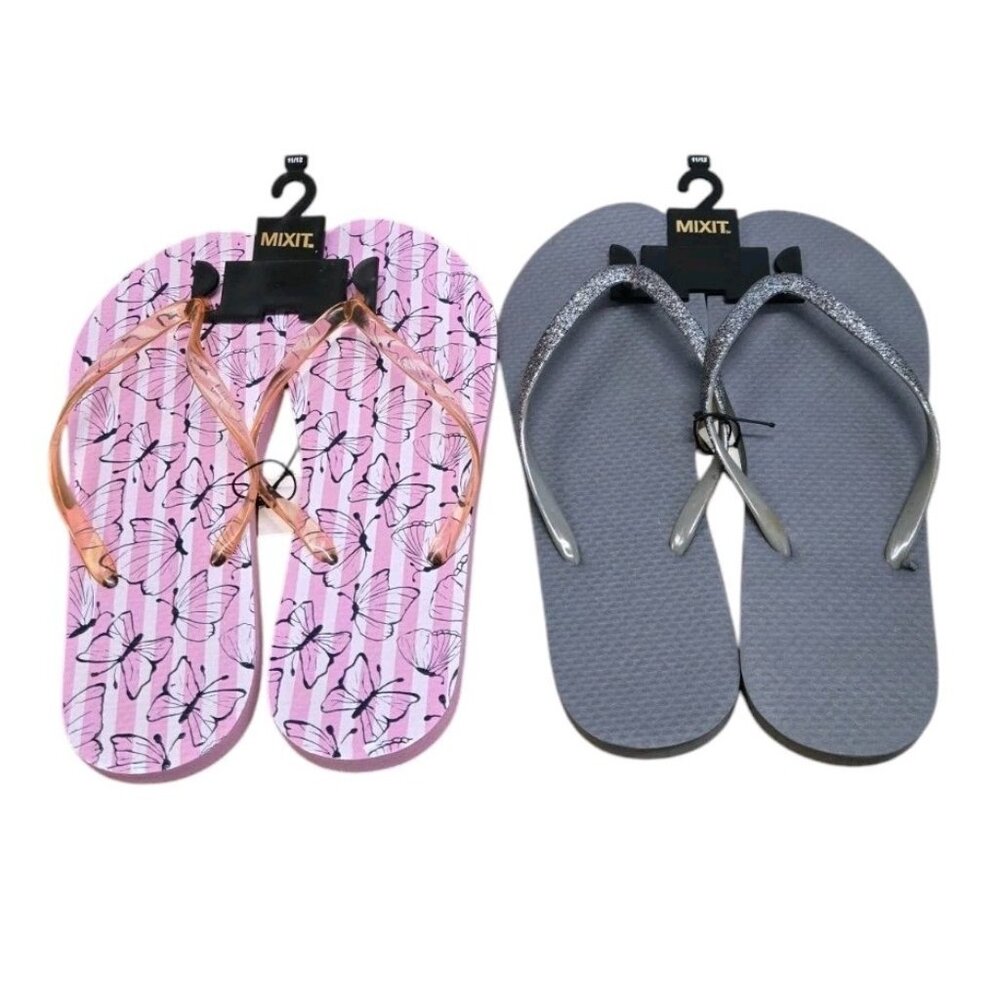 Lot Of 2 Pairs Mixit Flip Flops Womens 11/12 Pink Butterfly Gray Glitter Sandals